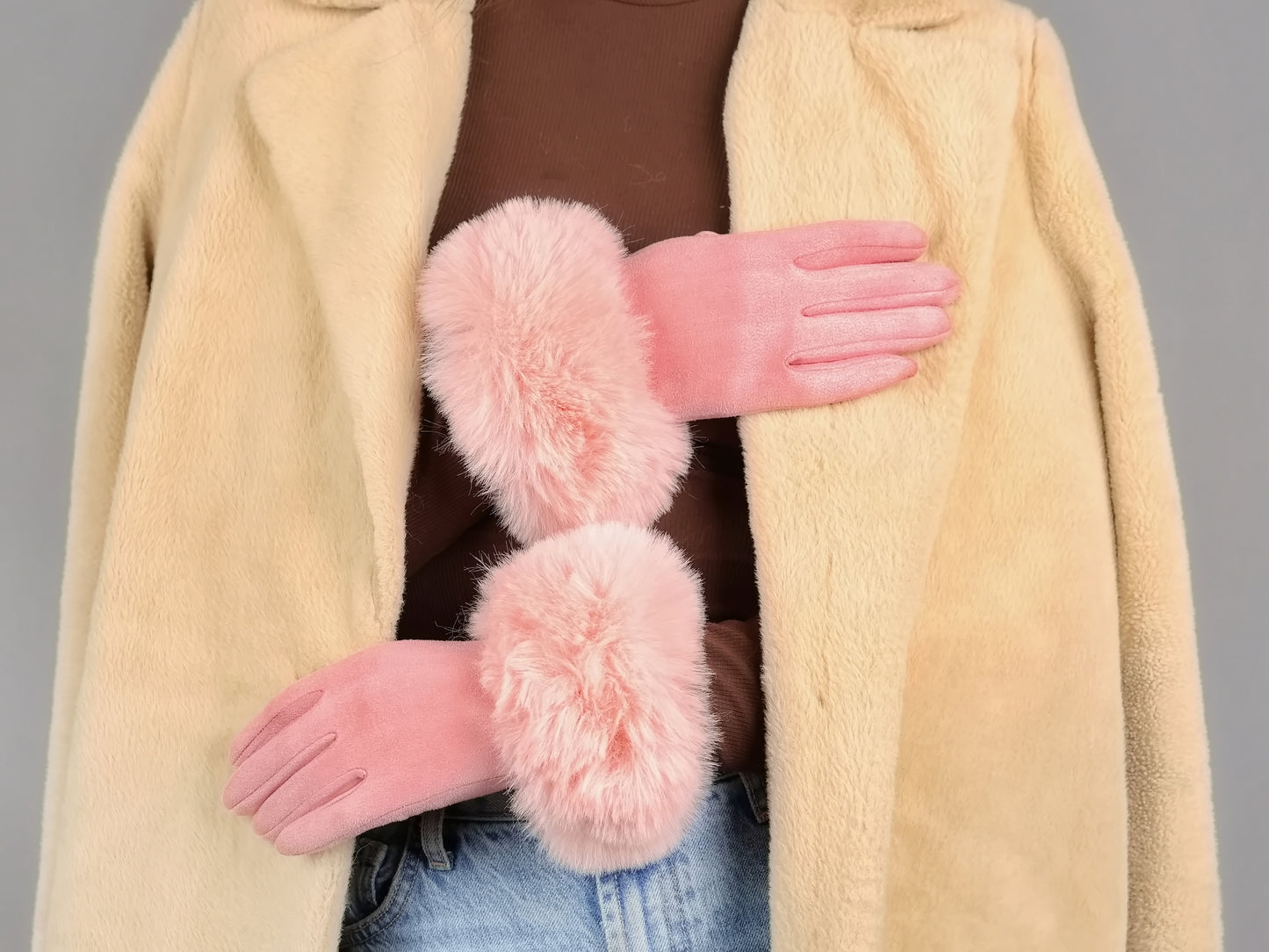 FUAX SUEDE FUR CUFF GLOVES SET