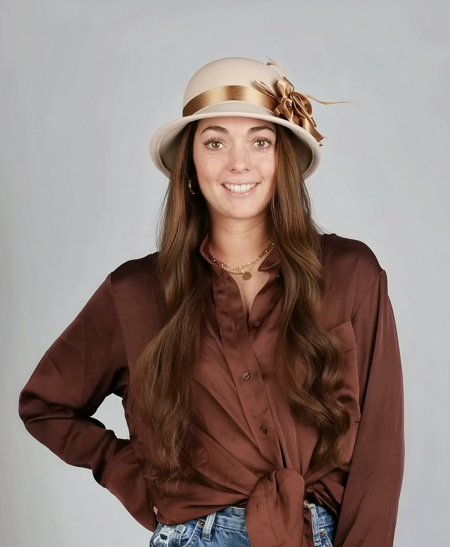 SATIN FLOWER FELT CLOCHE with FEATHER TRIM