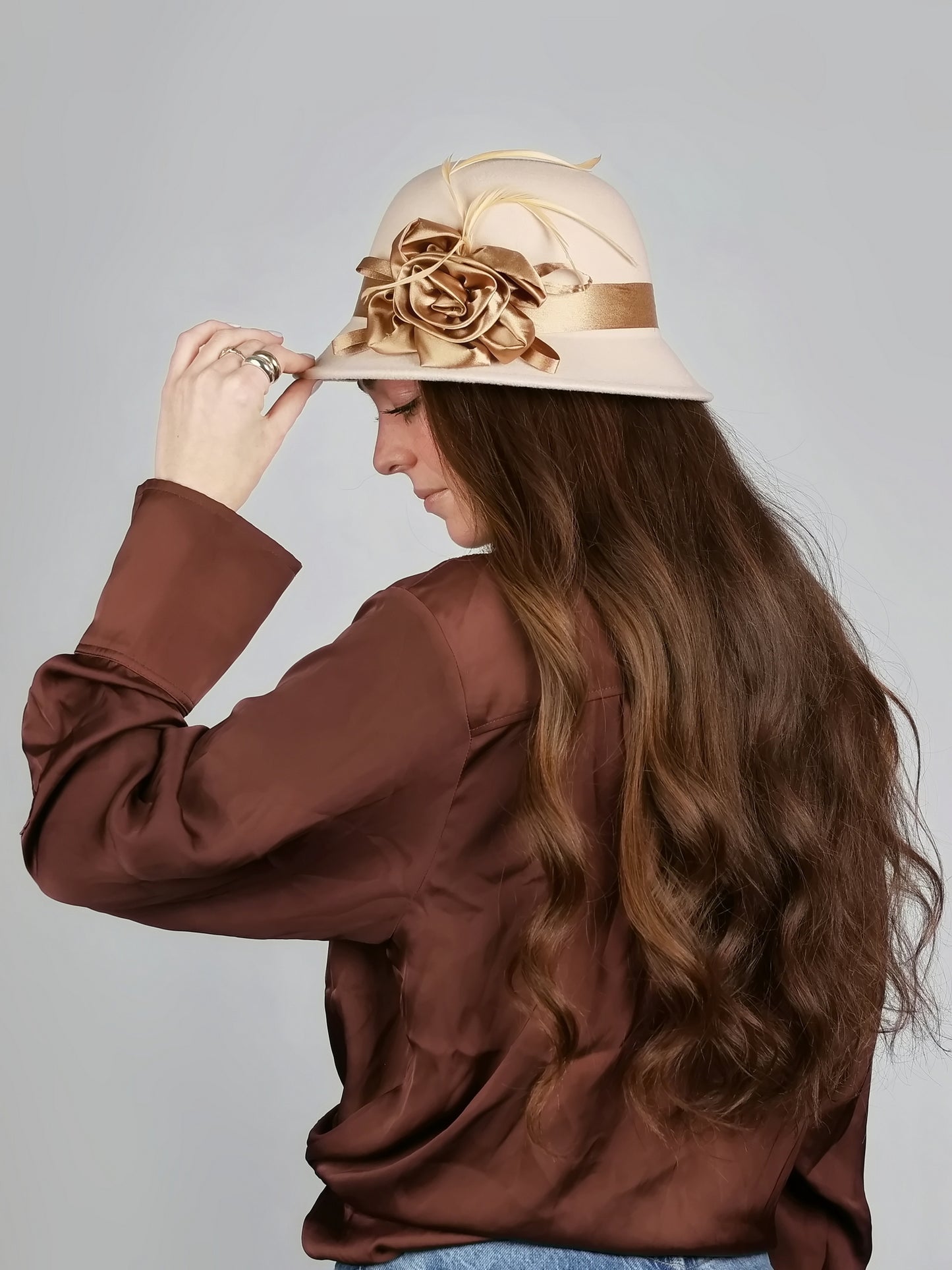 SATIN FLOWER FELT CLOCHE with FEATHER TRIM