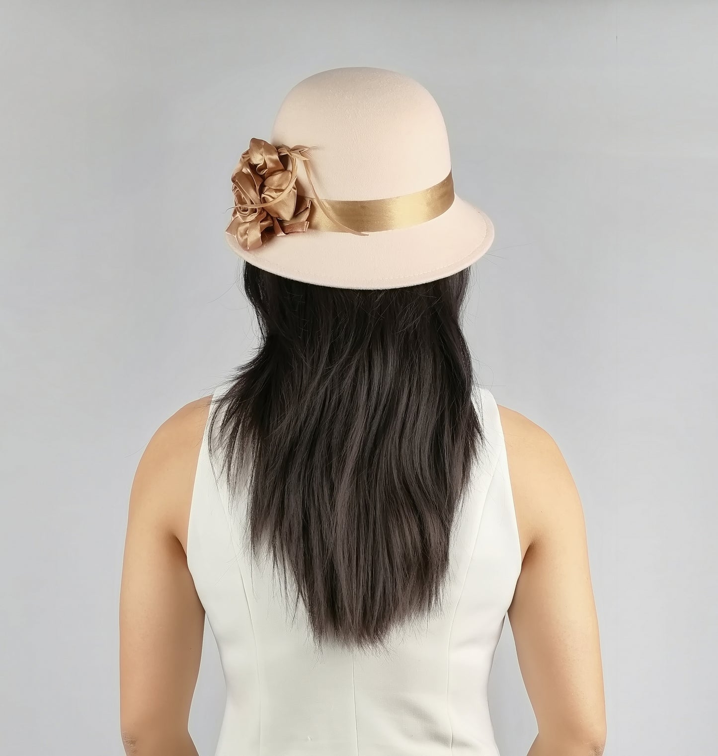 SATIN FLOWER FELT CLOCHE with FEATHER TRIM