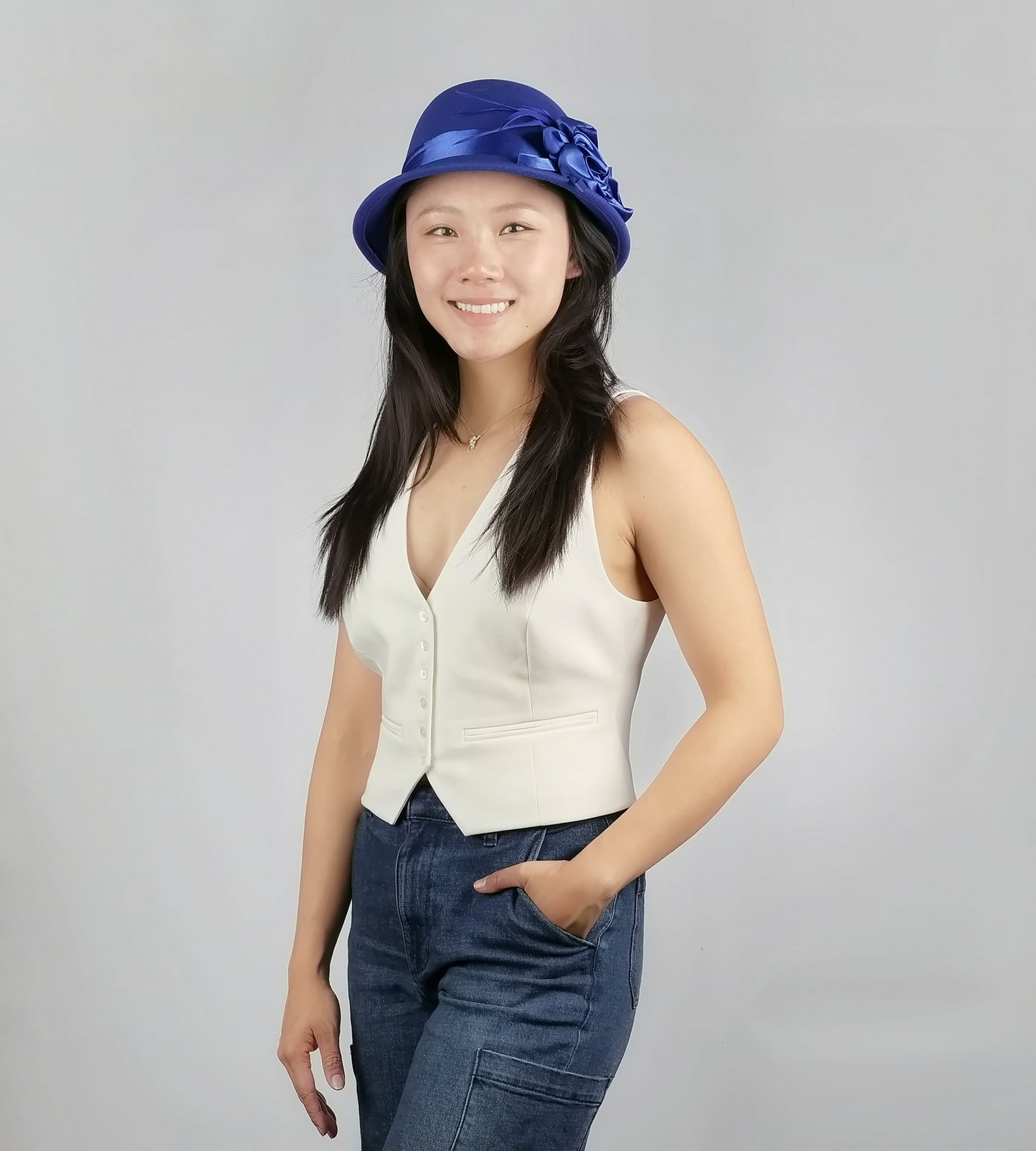SATIN FLOWER FELT CLOCHE with FEATHER TRIM
