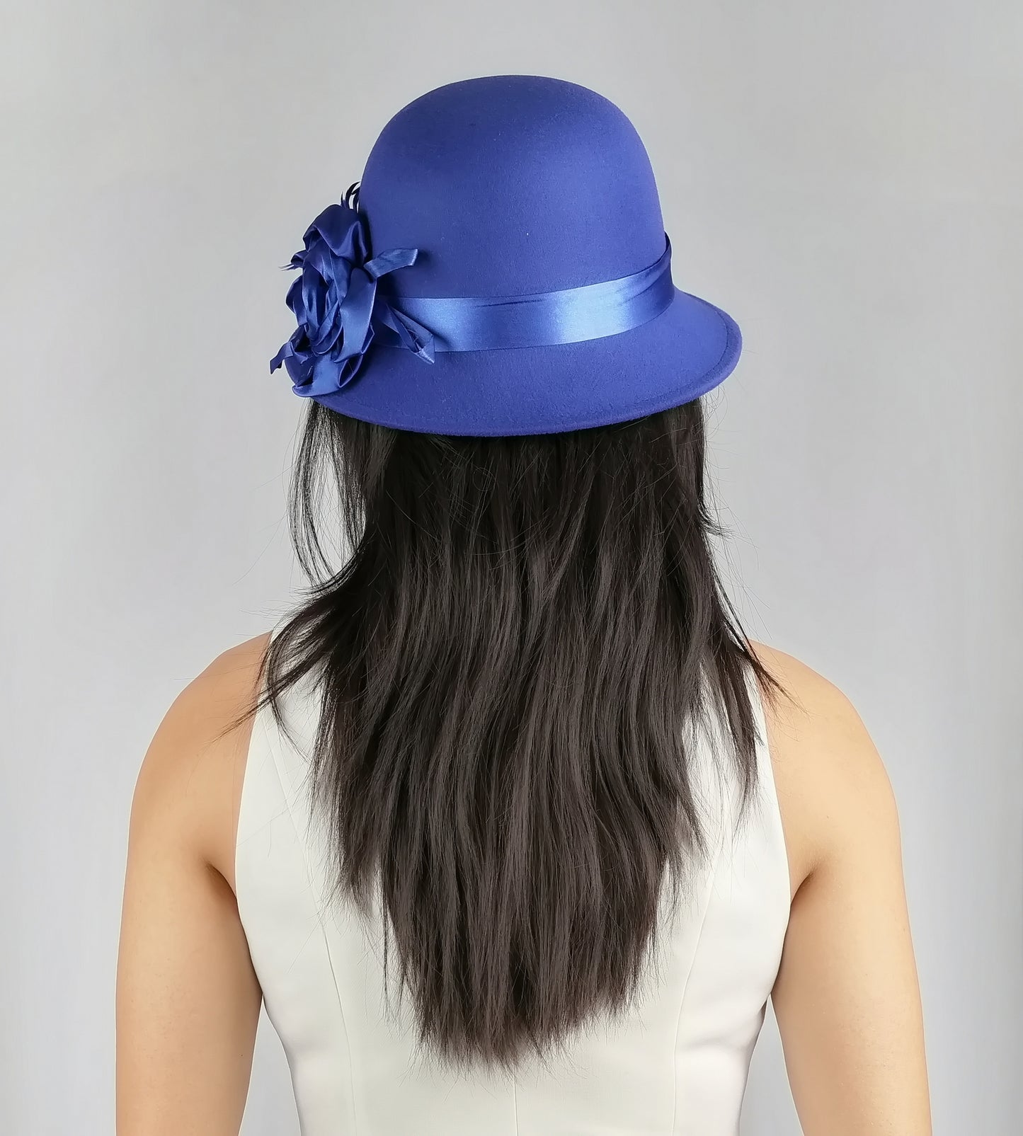 SATIN FLOWER FELT CLOCHE with FEATHER TRIM