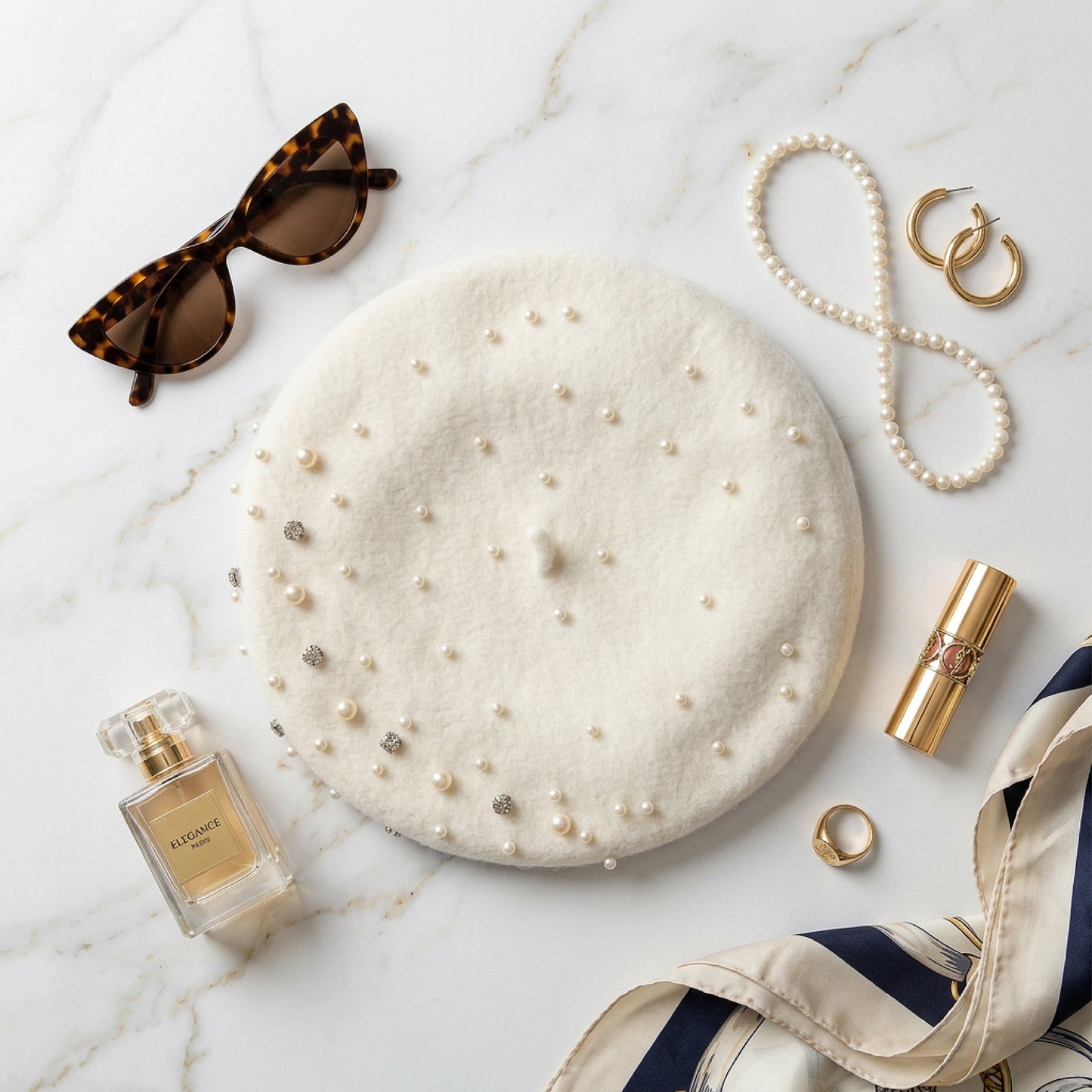 Embellished Wool Beret in Ivory