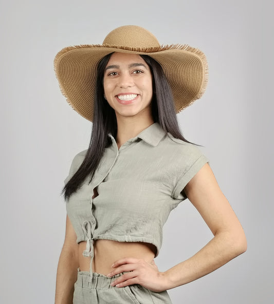 FRAYED EDGE STRAW FLOPPY HAT