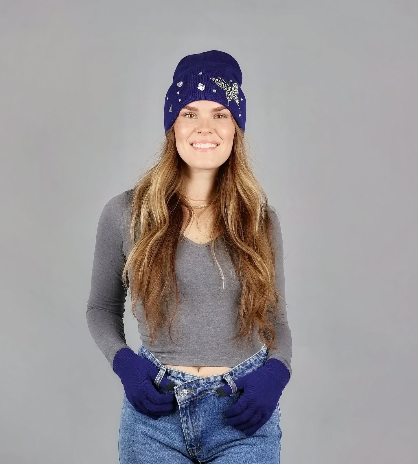 BUTTERFLY RHINESTONE CUFF BEANIES & TEXTING GLOVE SET