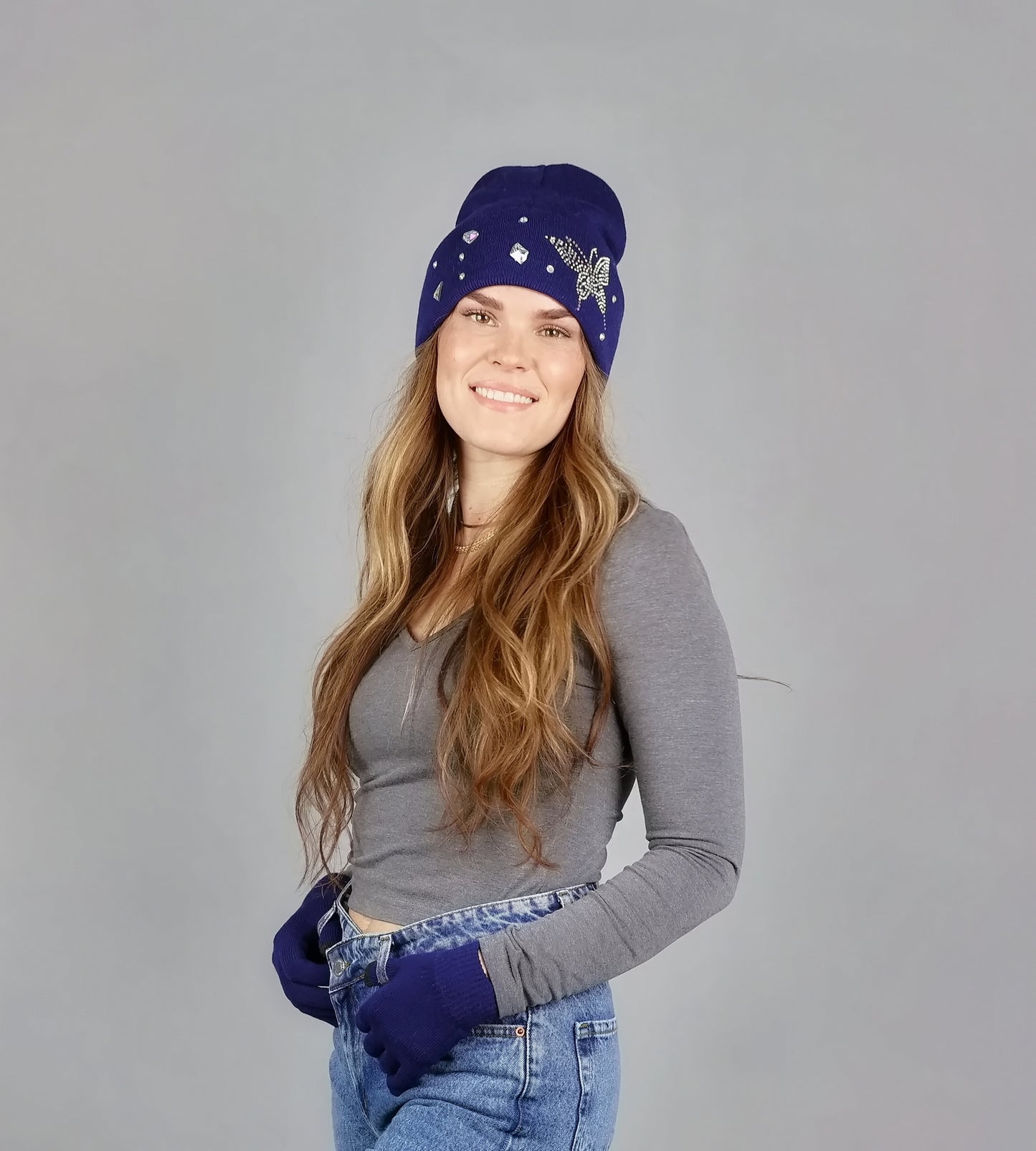 BUTTERFLY RHINESTONE CUFF BEANIES & TEXTING GLOVE SET
