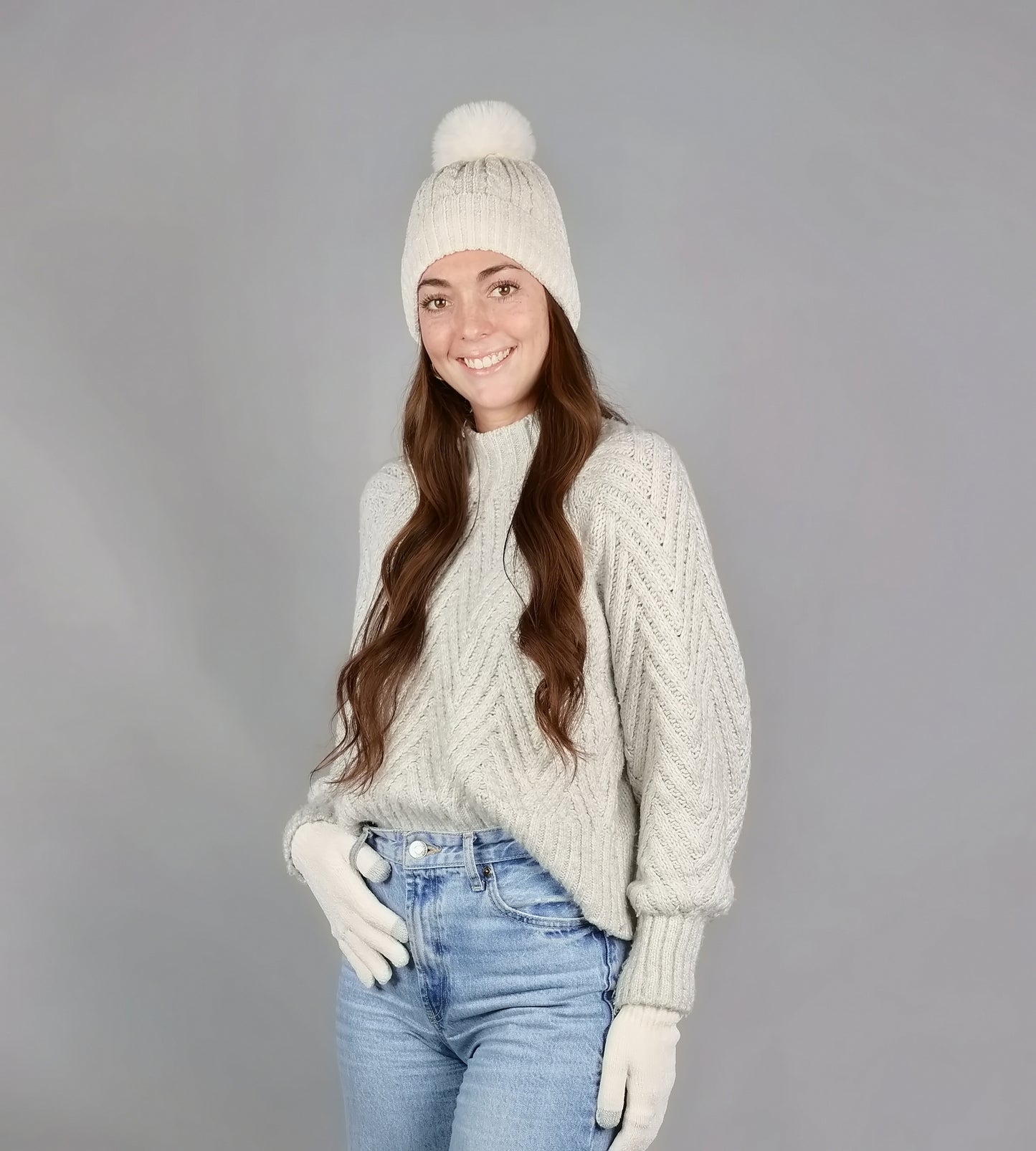 CHENILLE CABLE BEANIE FUR LINING & MATCHING TEXT GLOVE SET