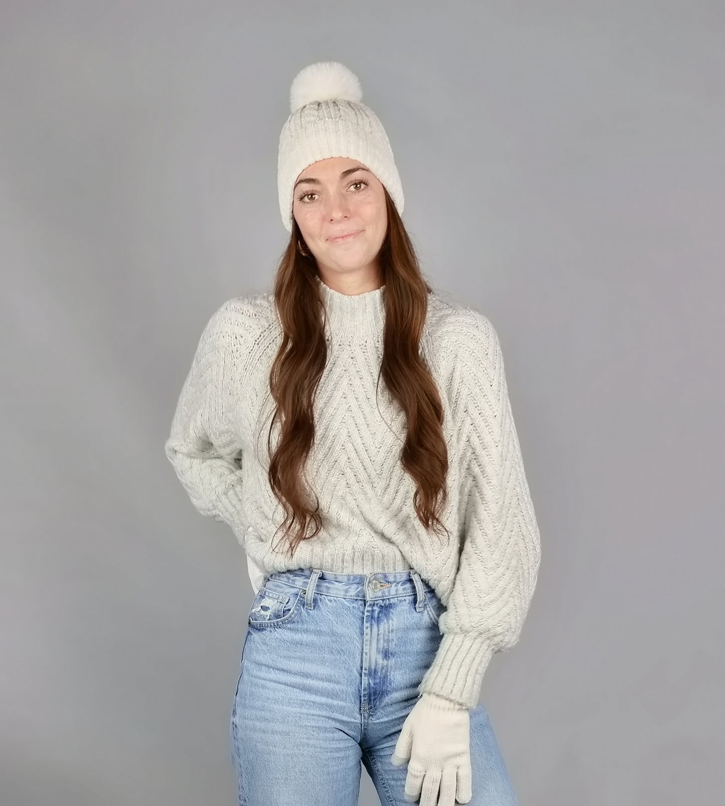 CHENILLE CABLE BEANIE FUR LINING & MATCHING TEXT GLOVE SET