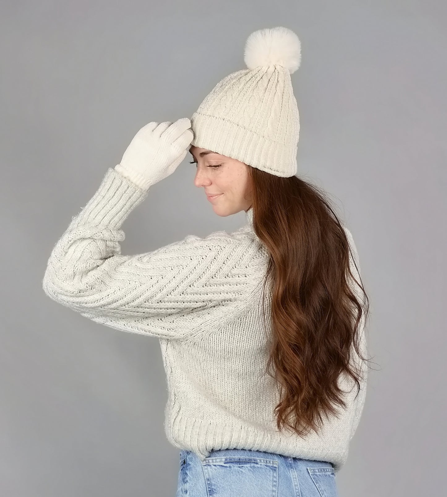 CHENILLE CABLE BEANIE FUR LINING & MATCHING TEXT GLOVE SET
