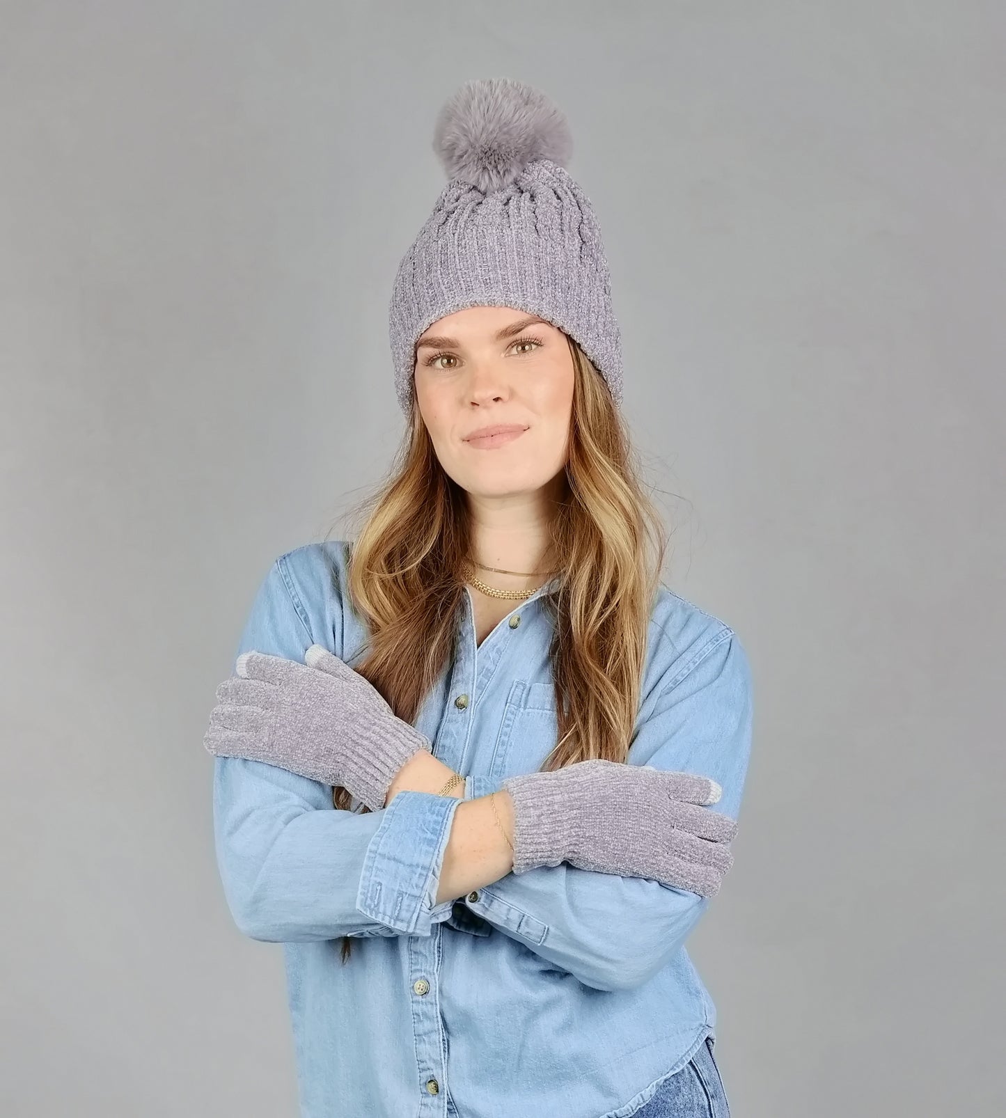 CHENILLE CABLE BEANIE FUR LINING & MATCHING TEXT GLOVE SET