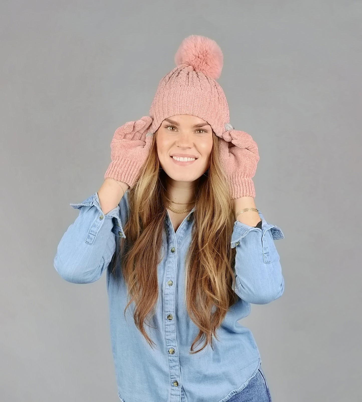 CHENILLE CABLE BEANIE FUR LINING & MATCHING TEXT GLOVE SET