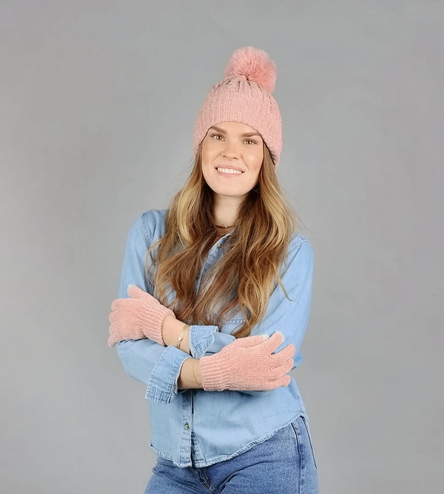 CHENILLE CABLE BEANIE FUR LINING & MATCHING TEXT GLOVE SET
