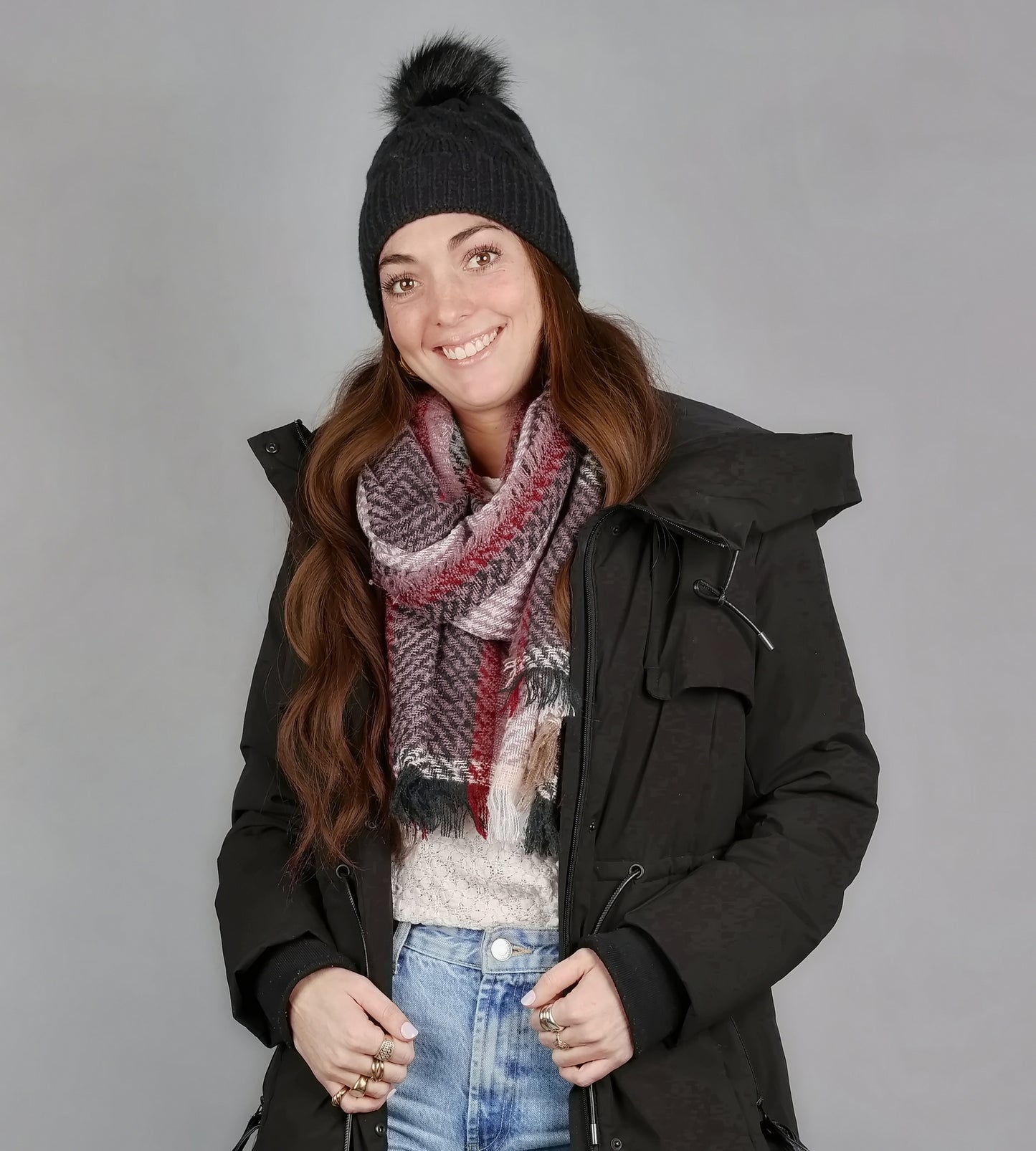 LARGE PLAID SCARF & CABLE BEANIE SET