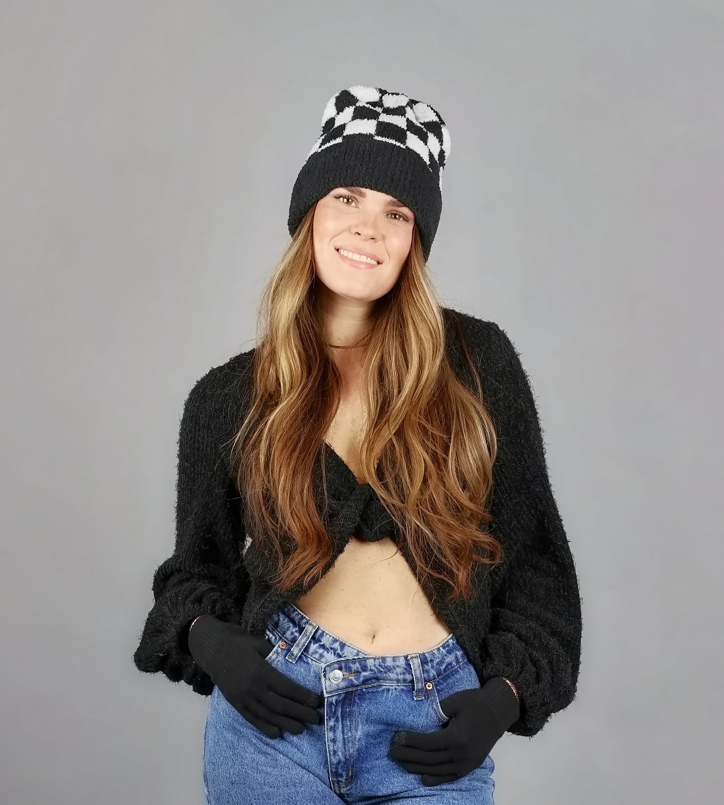 CHENILLE CHECKER BEANIE & MATCHING TEXT GLOVE SET