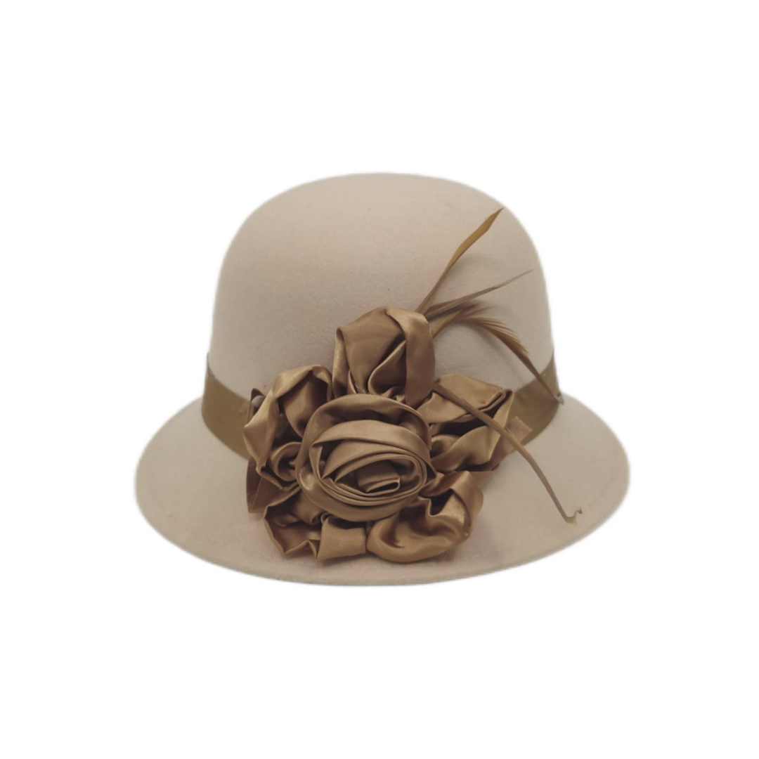 SATIN FLOWER FELT CLOCHE with FEATHER TRIM