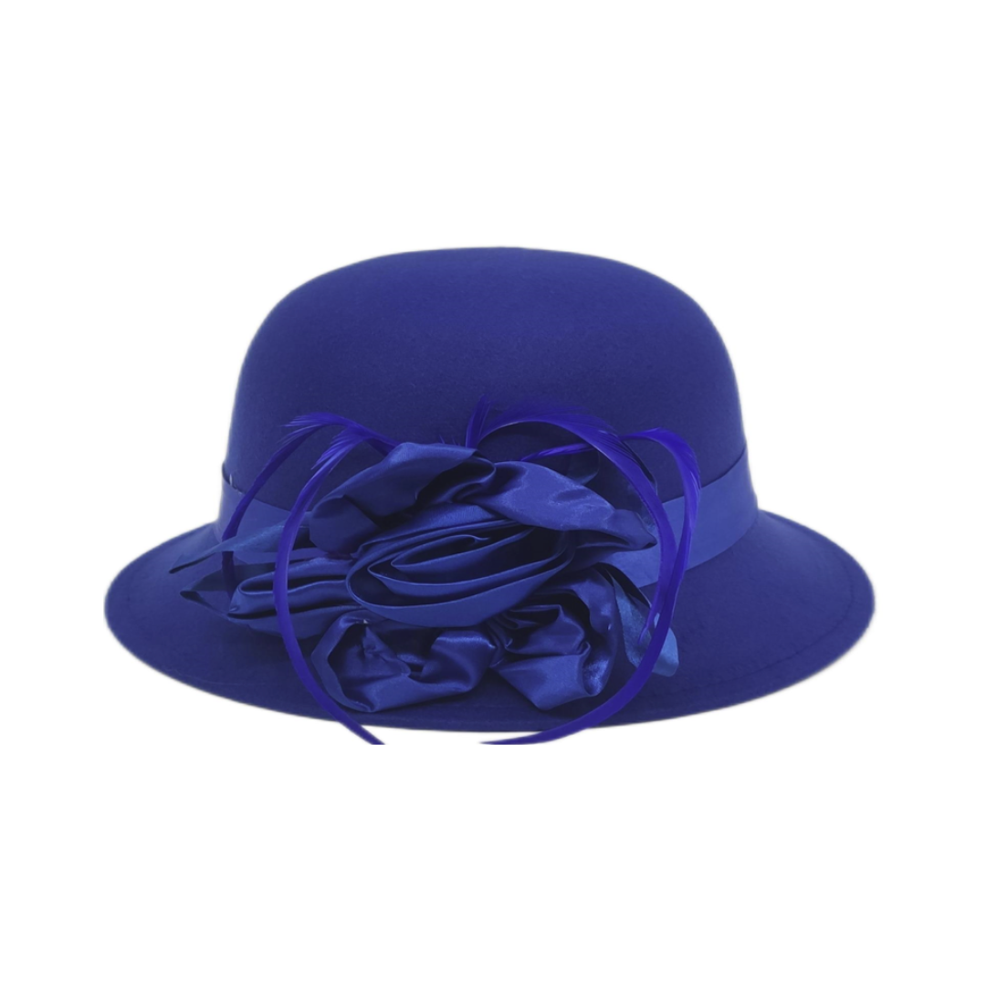 SATIN FLOWER FELT CLOCHE with FEATHER TRIM