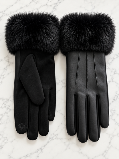 Women's Touchscreen Faux Leather Gloves with Fur Cuffs