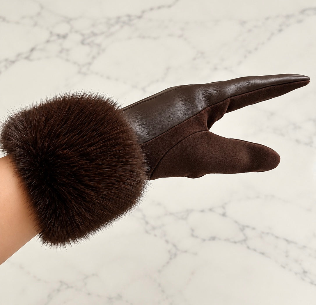 Women's Touchscreen Faux Leather Gloves with Fur Cuffs