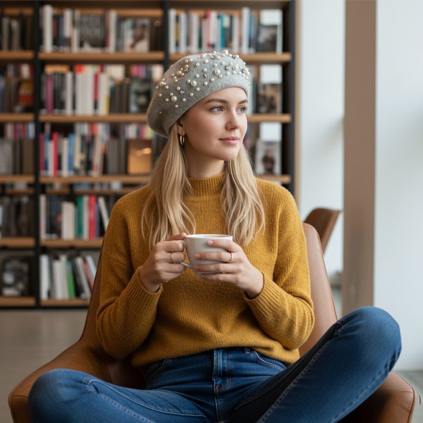 Embellished Wool Beret in Heathered-Grey