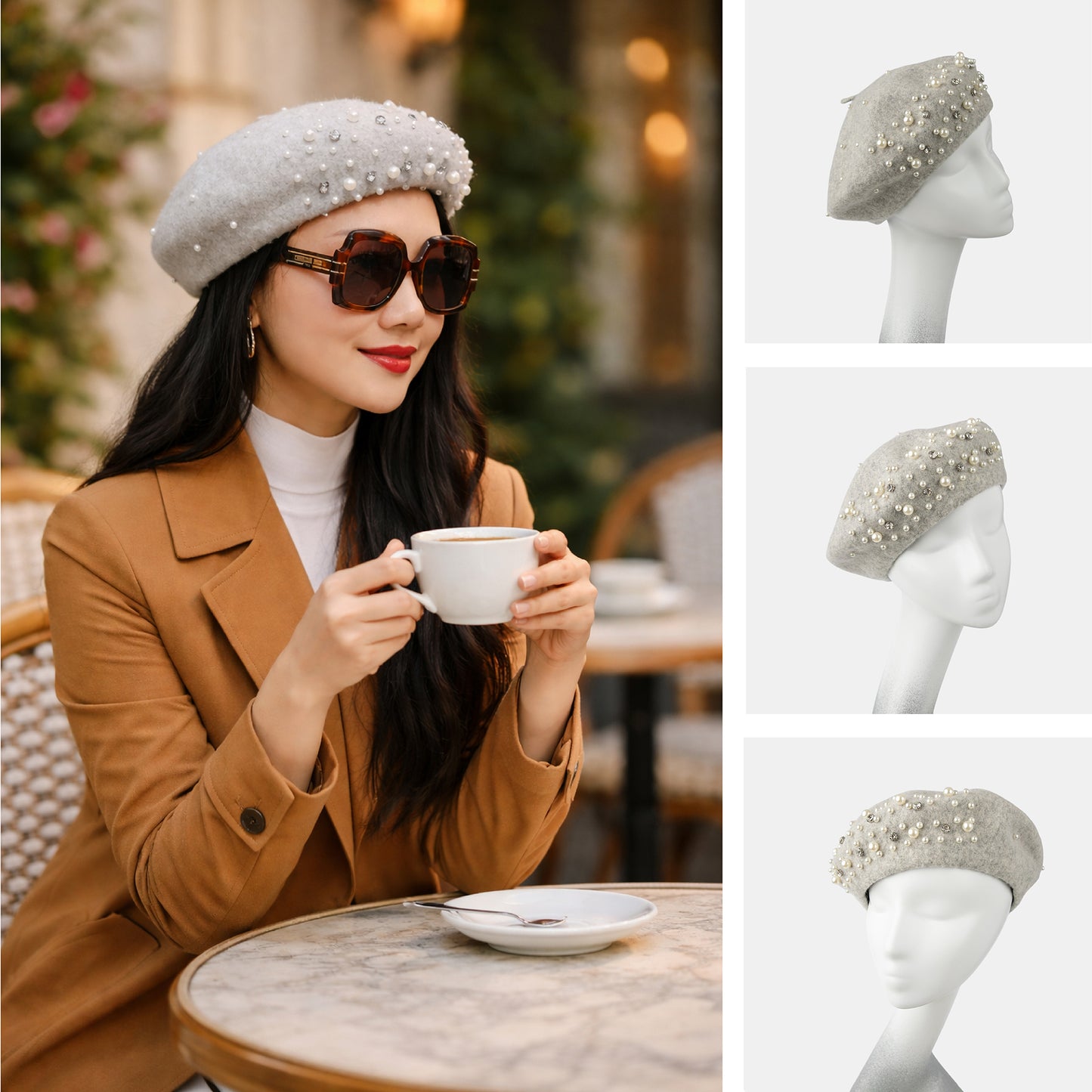 Embellished Wool Beret in Heathered-Grey