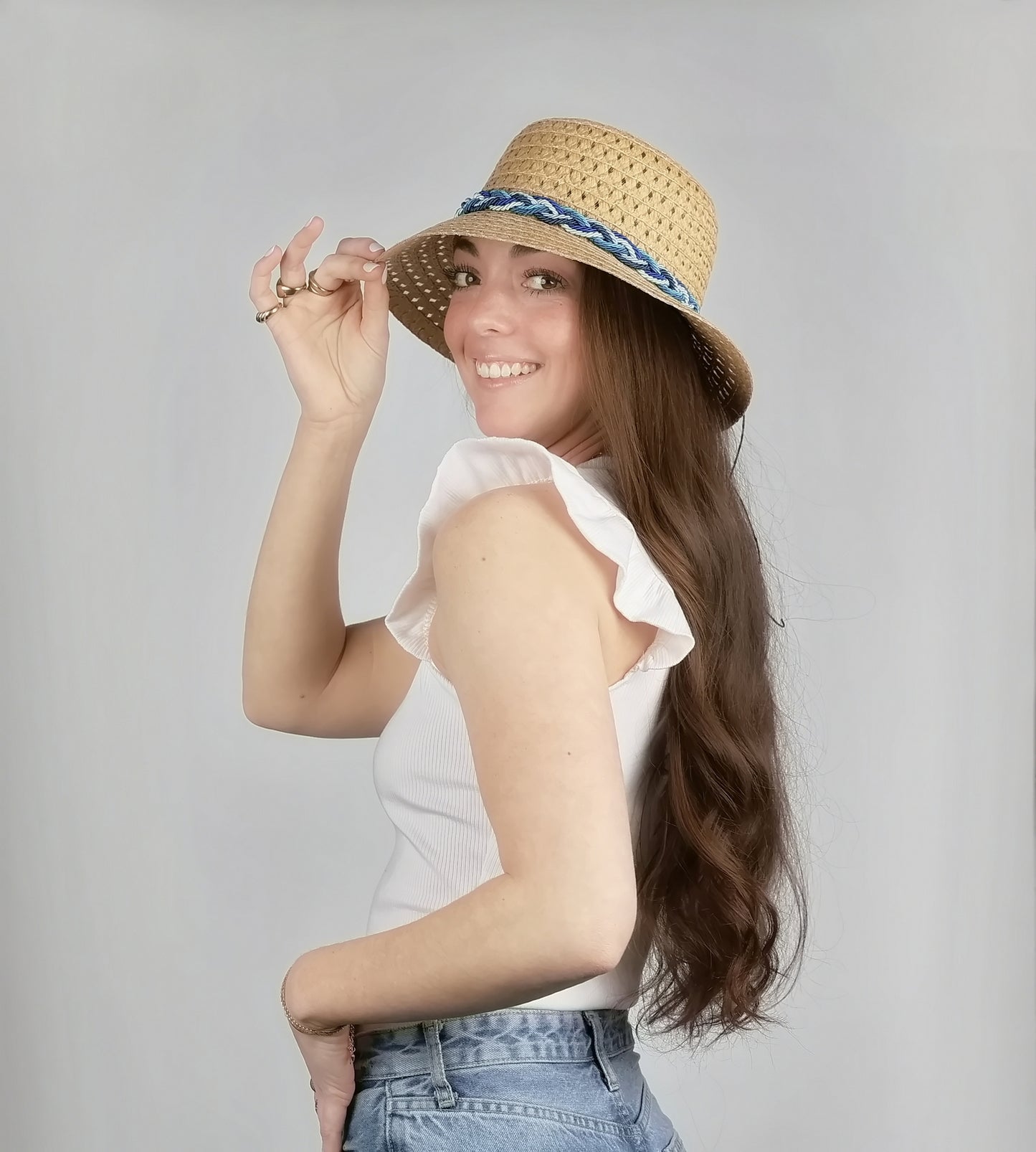 BRAID TRIM STRAW BUCKET CLOCHE HAT